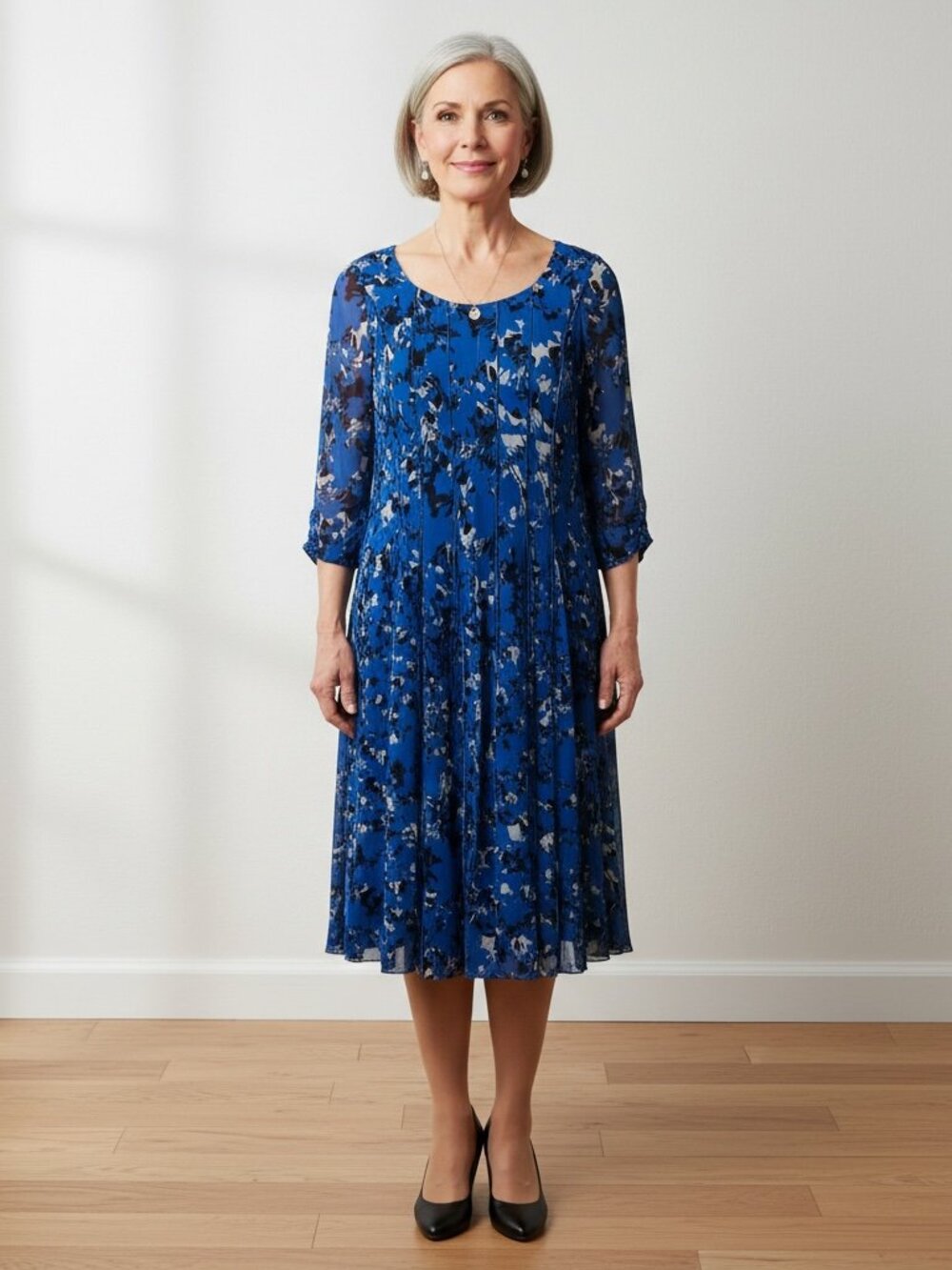 Coldwater Creek Blue Floral Mesh Midi Dress Pintuck Size M 10-12